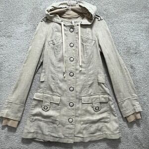 Free People Jacket Women's 6 Beige Khaki Long Hooded Ramie Coat Military Snap